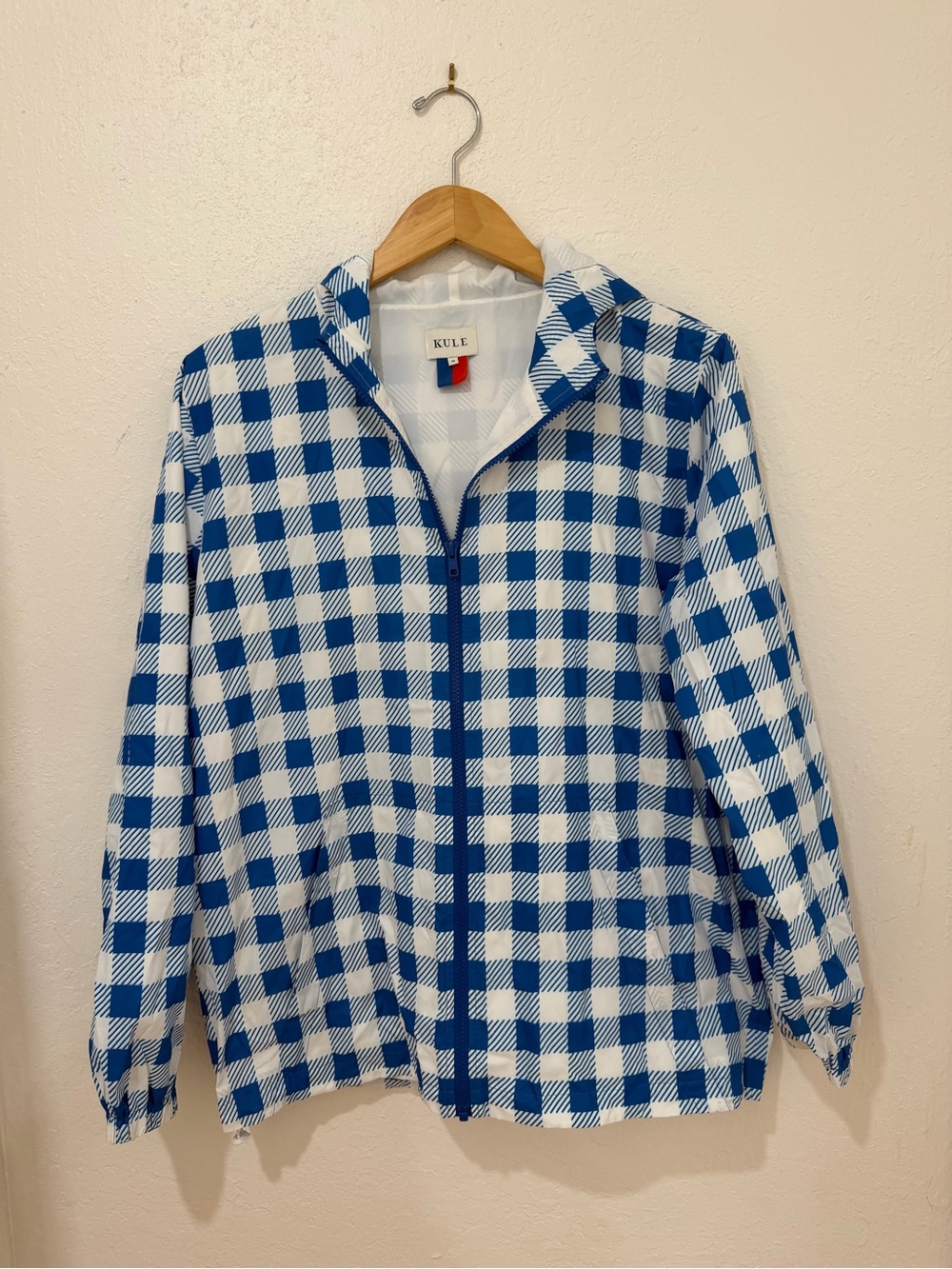 KULE Blue and White Gingham Zip Hoodie Windbreaker